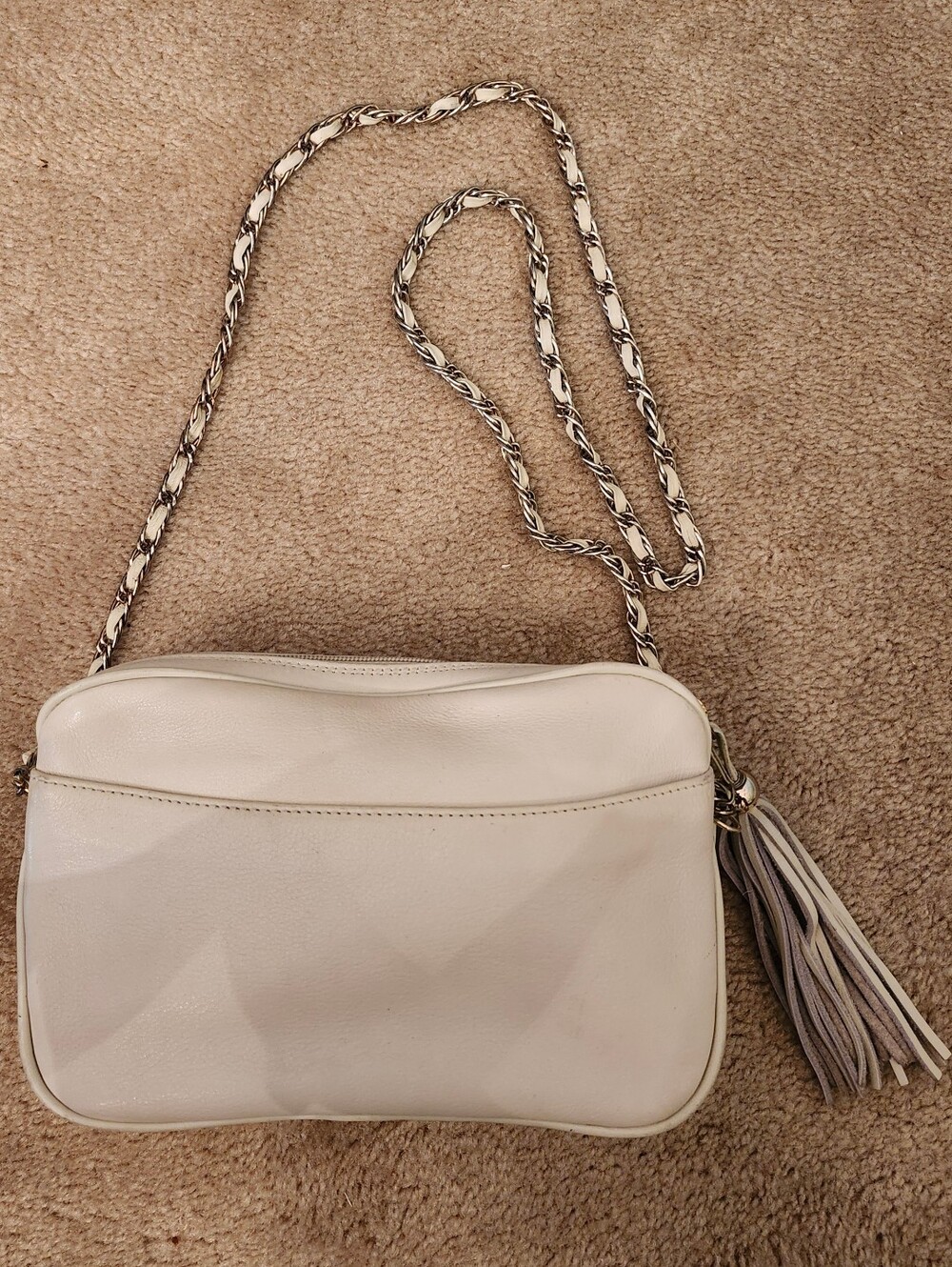 Portofino Collection Cream Leather Crossbody Bag with Tassel